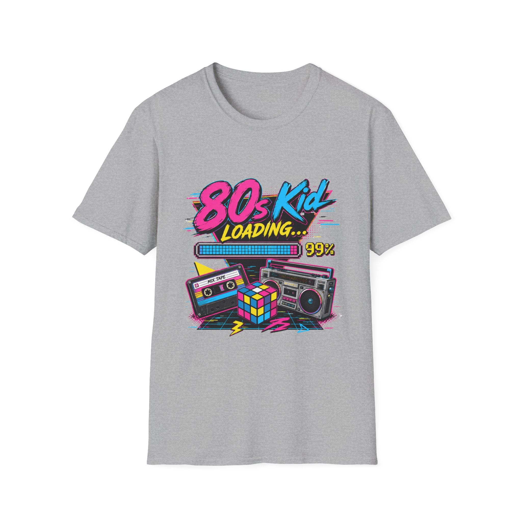 80s Kid Loading T-Shirt — Retro Cassette, Rubik’s Cube & Boombox Graphic Tee