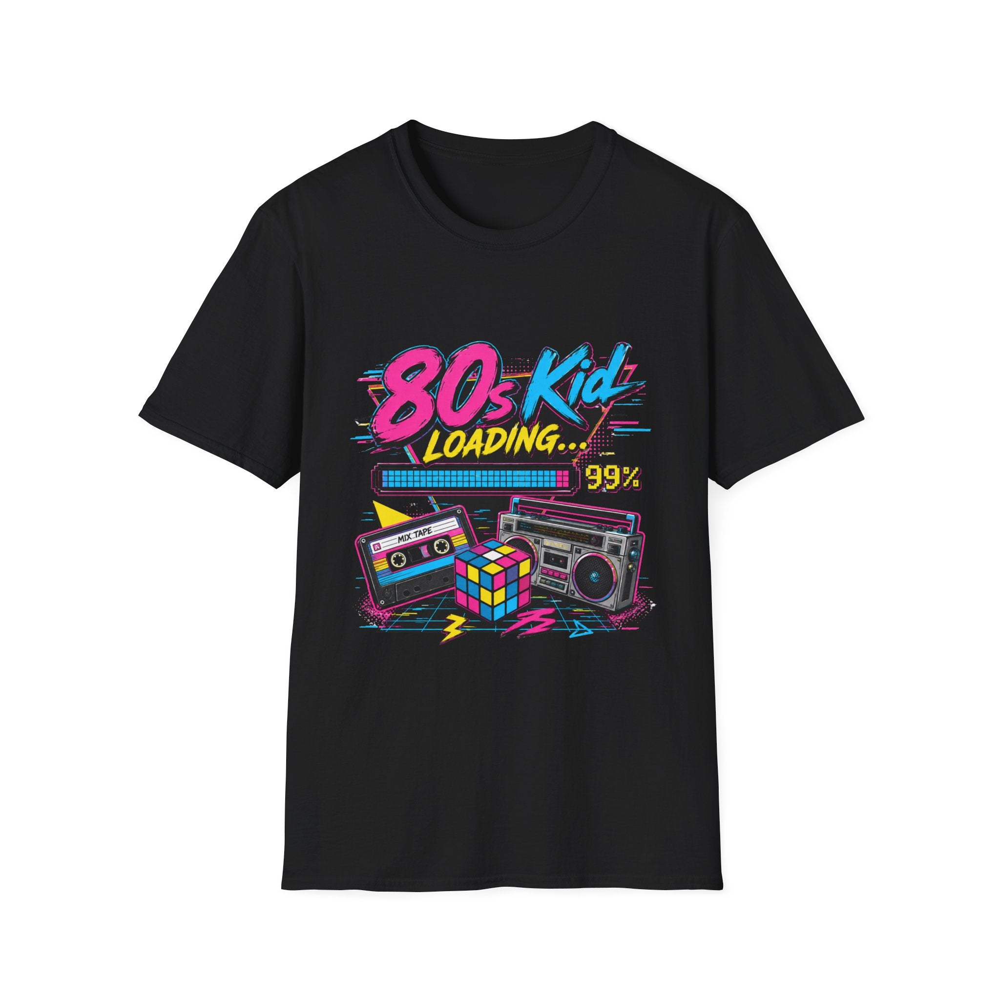 80s Kid Loading T-Shirt — Retro Cassette, Rubik’s Cube & Boombox Graphic Tee