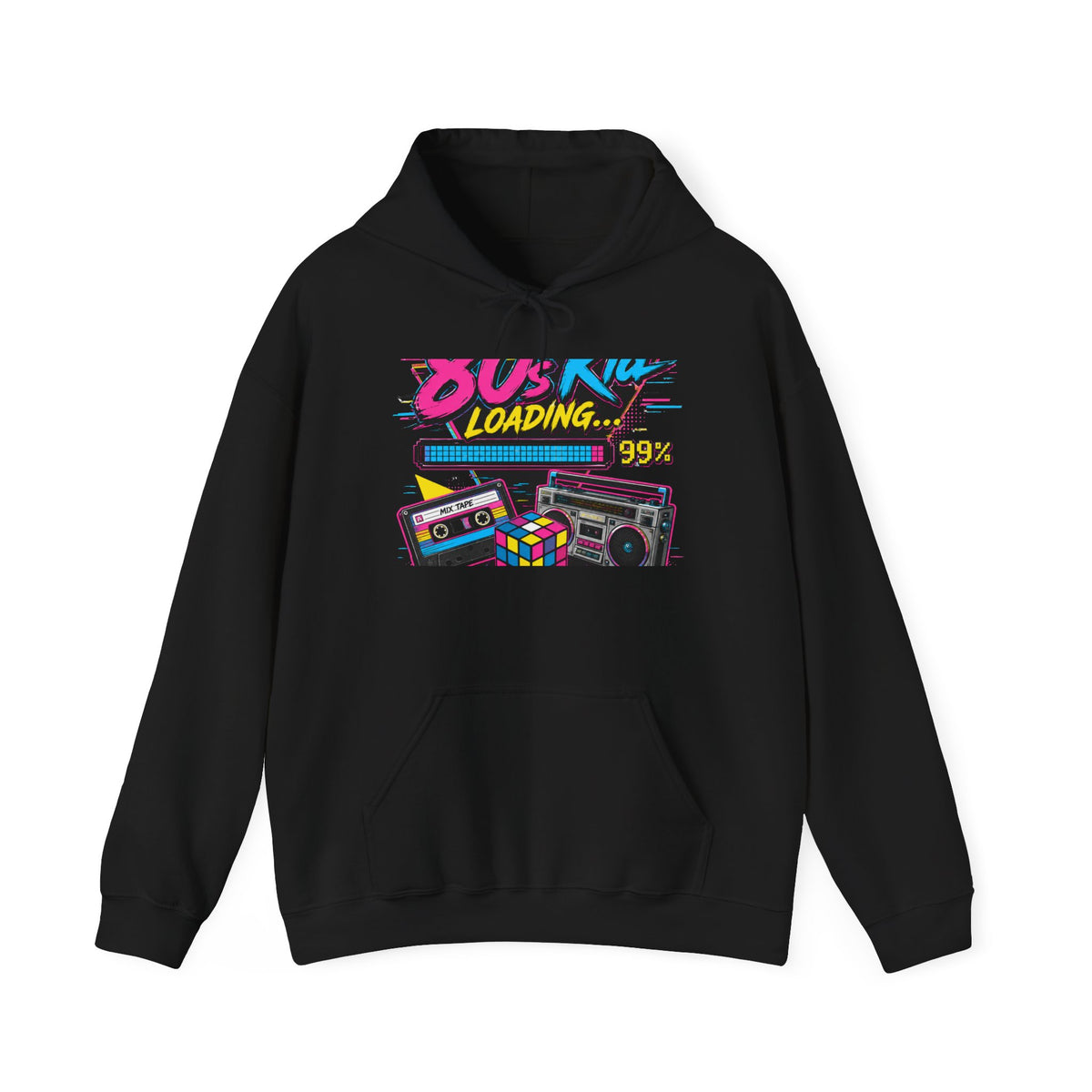 80s Retro Loading Graphic Hoodie | Cassette, Boombox, Rubik's Cube