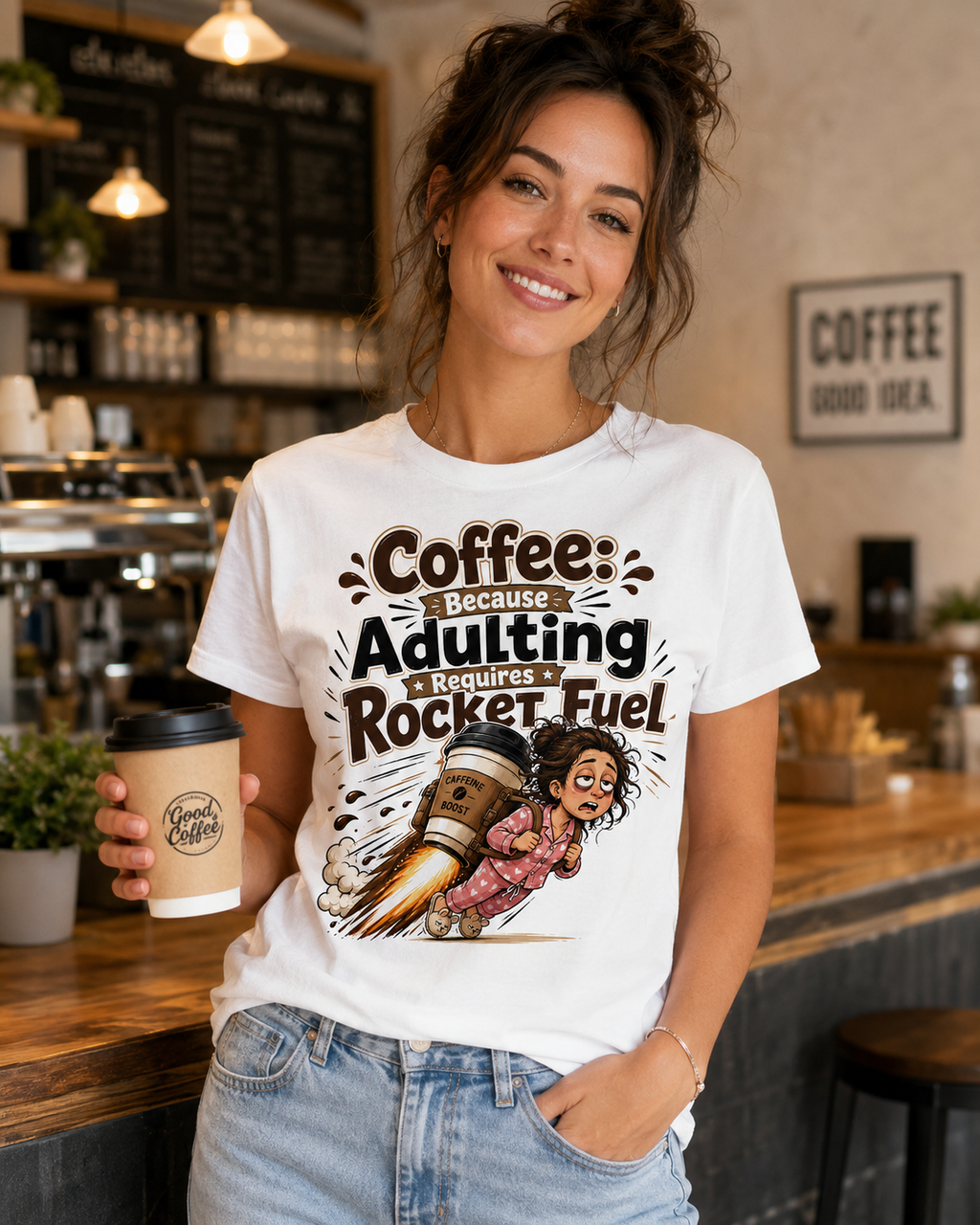 Coffee Because Adulting Requires Rocket Fuel T-Shirt | Funny Coffee Shirt