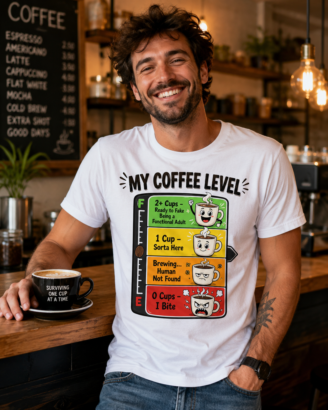 My Coffee Level T-Shirt — Funny Coffee Meter Graphic Tee