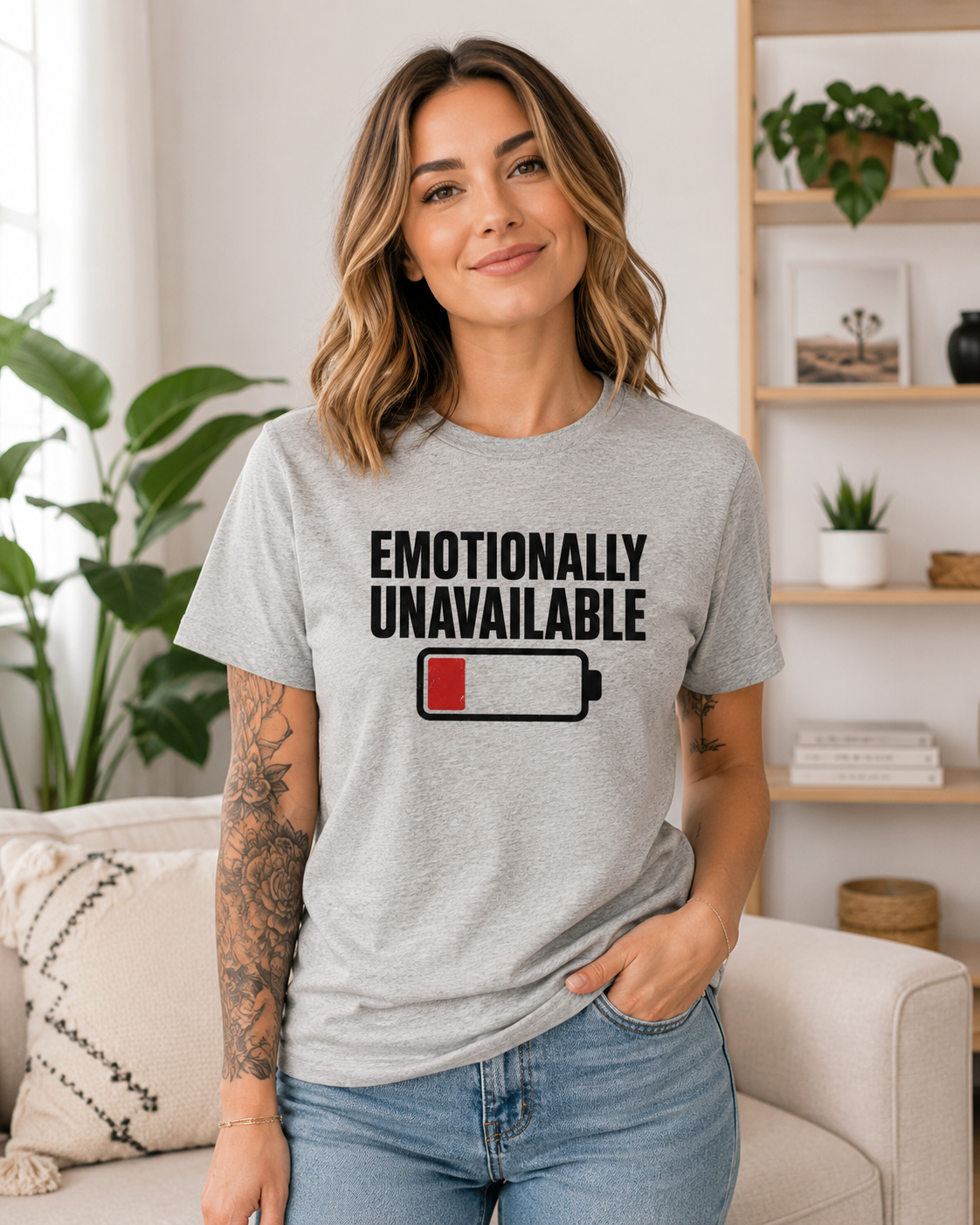 Emotionally Unavailable low battery graphic T-Shirt | Funny Text Tee