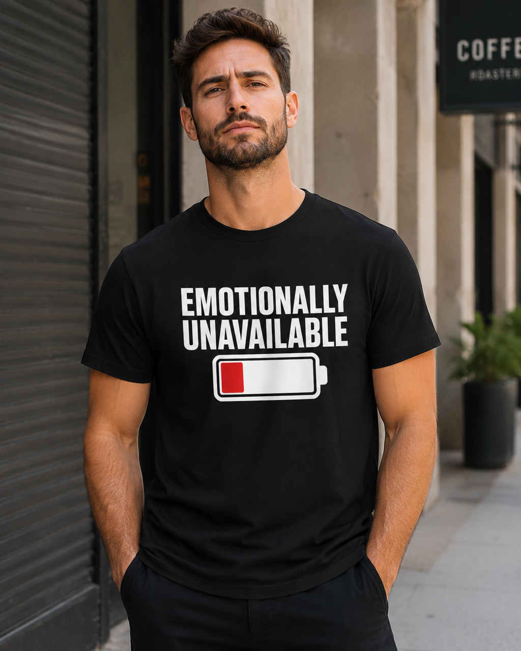 Emotionally Unavailable low battery graphic T-Shirt | Funny Text Tee