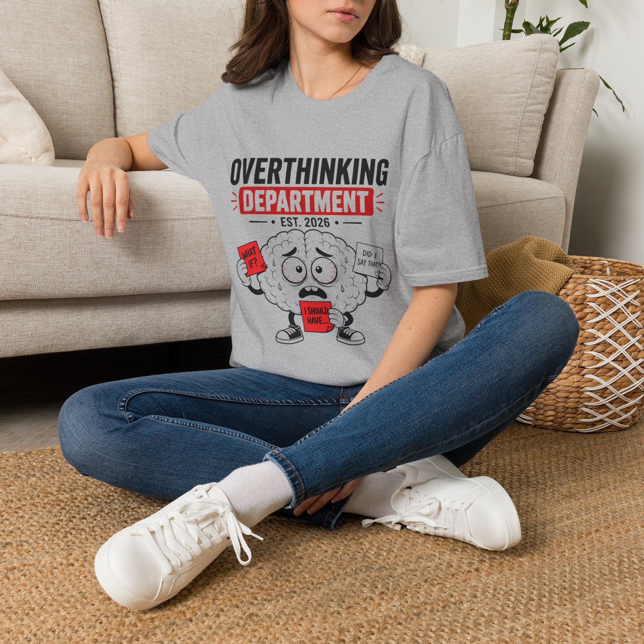 Overthinking Department T-Shirt | Funny Brain Cartoon, EST 2026