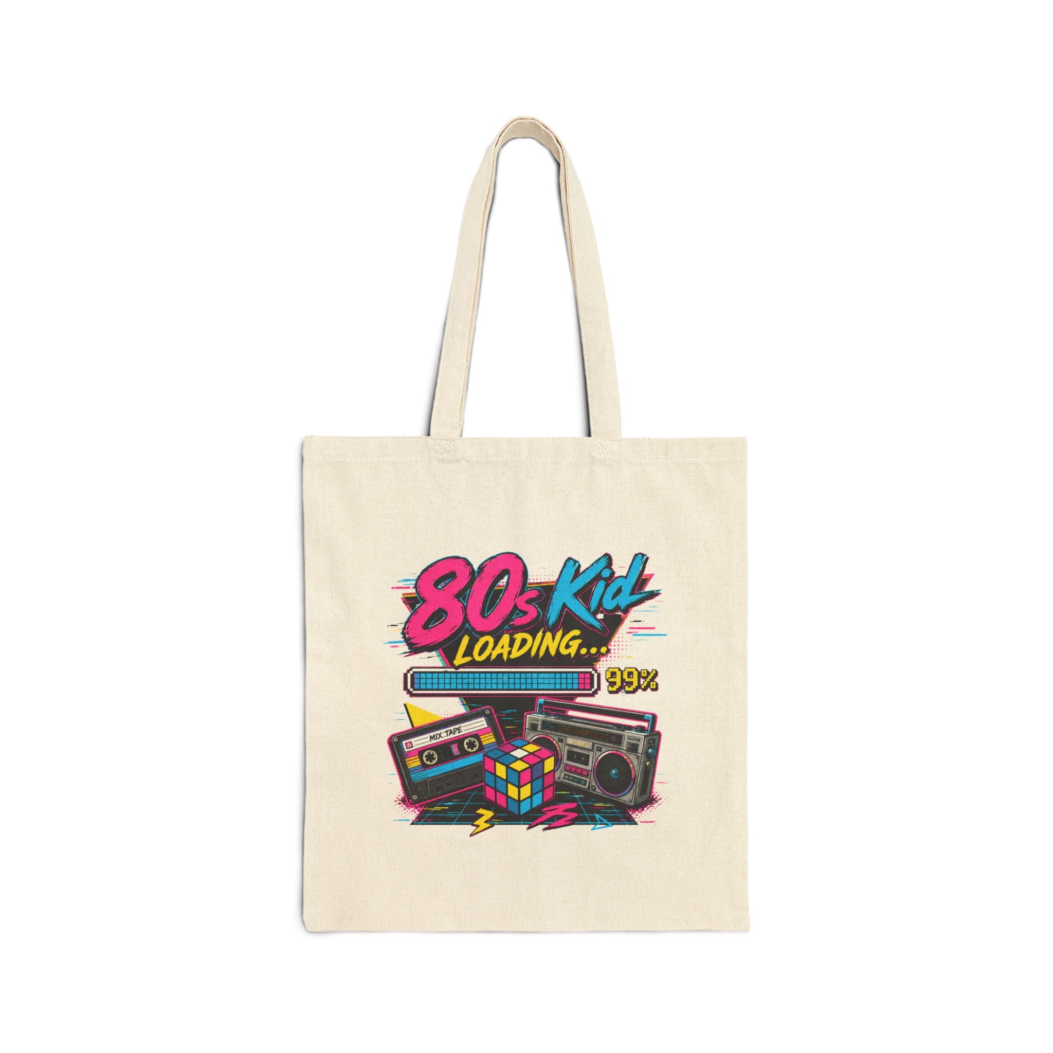 80s Kid Loading Retro Graphic Tote Bag | Cassette, Rubik's Cube, Boombox