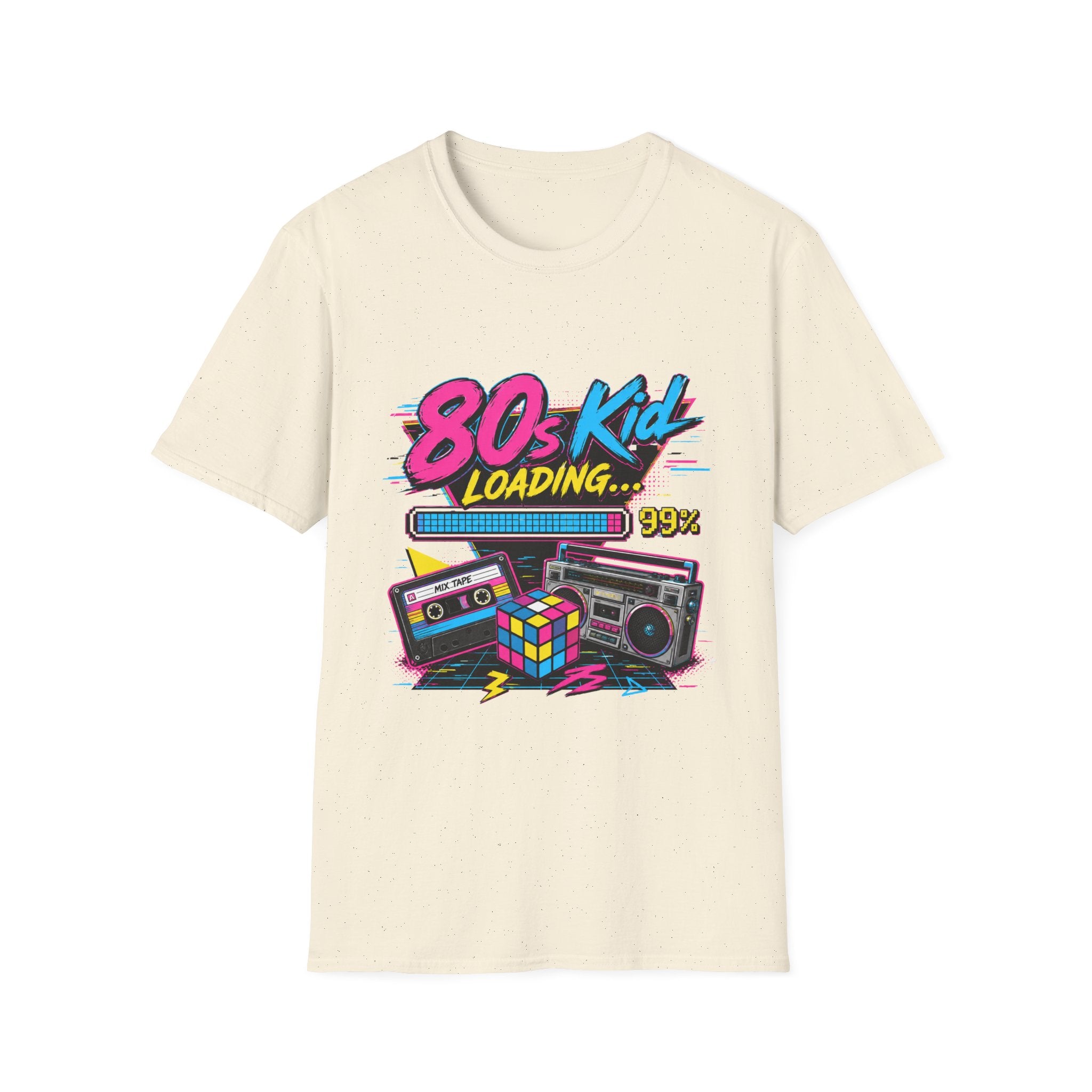 80s Kid Loading T-Shirt — Retro Cassette, Rubik’s Cube & Boombox Graphic Tee