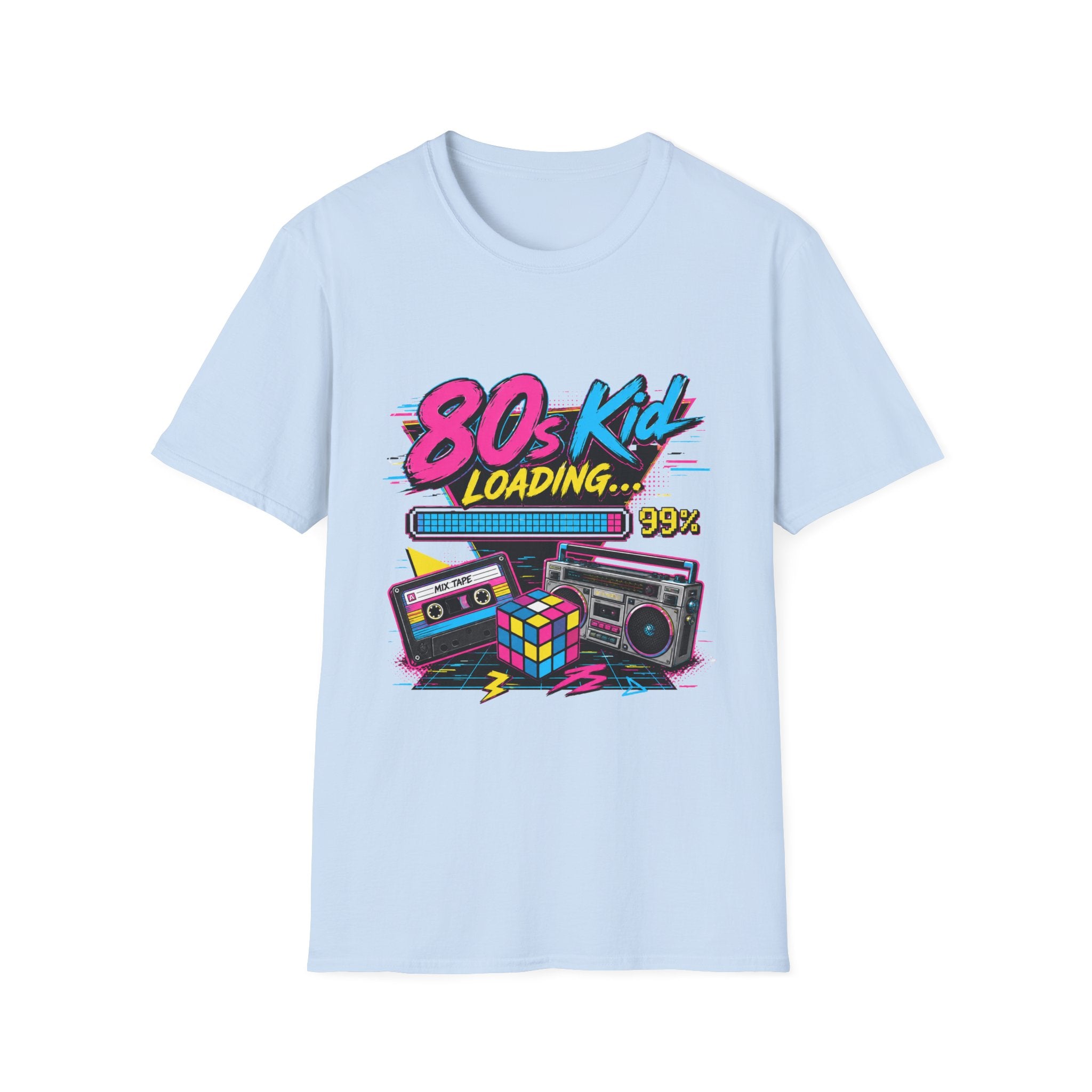 80s Kid Loading T-Shirt — Retro Cassette, Rubik’s Cube & Boombox Graphic Tee