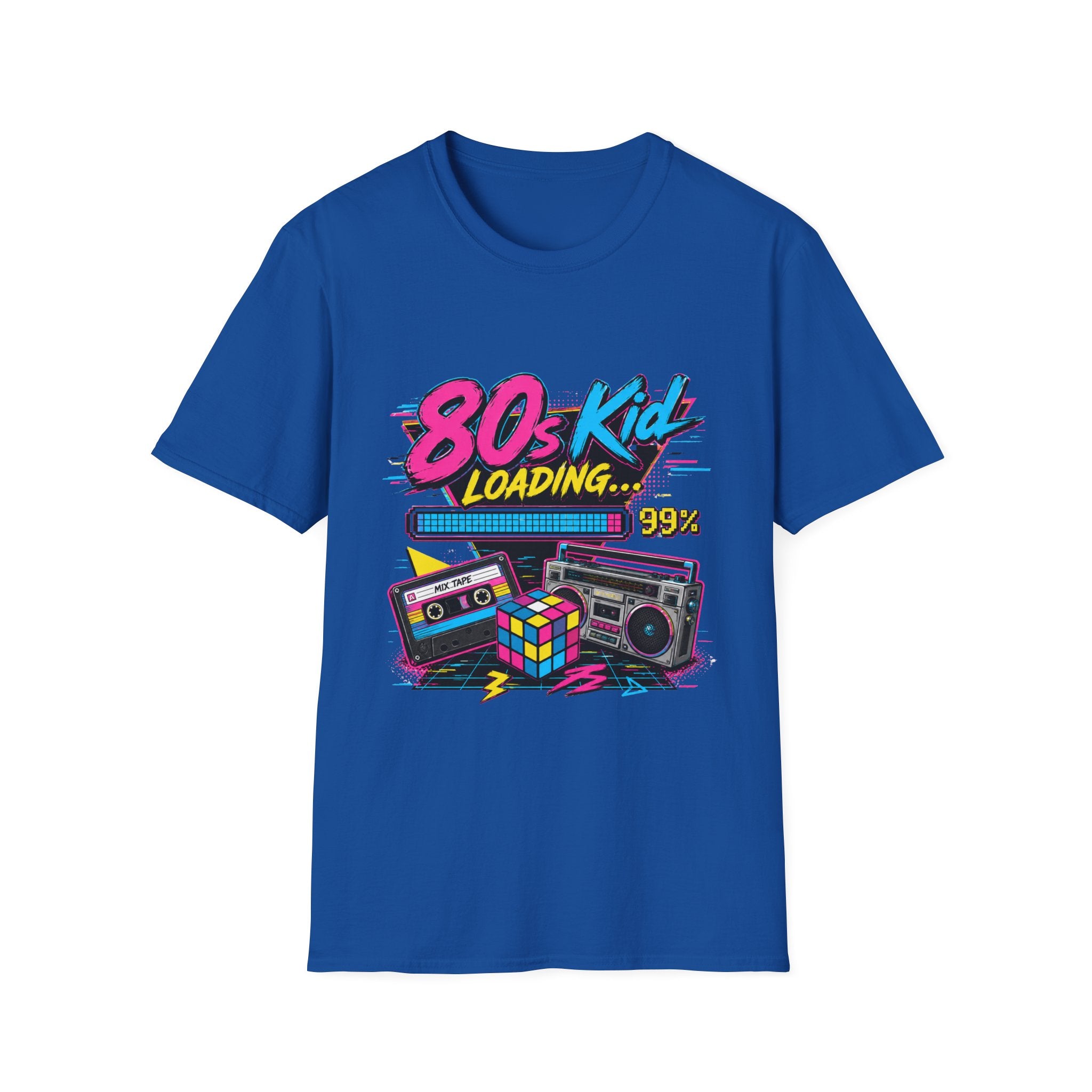 80s Kid Loading T-Shirt — Retro Cassette, Rubik’s Cube & Boombox Graphic Tee
