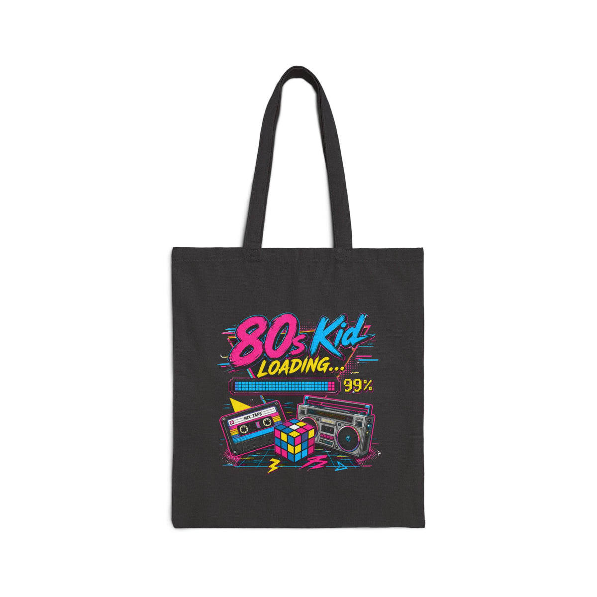 80s Kid Loading Retro Graphic Tote Bag | Cassette, Rubik's Cube, Boombox