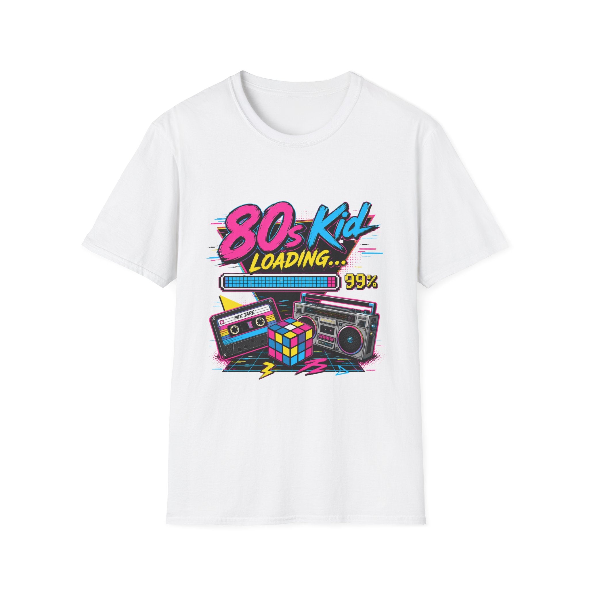 80s Kid Loading T-Shirt — Retro Cassette, Rubik’s Cube & Boombox Graphic Tee